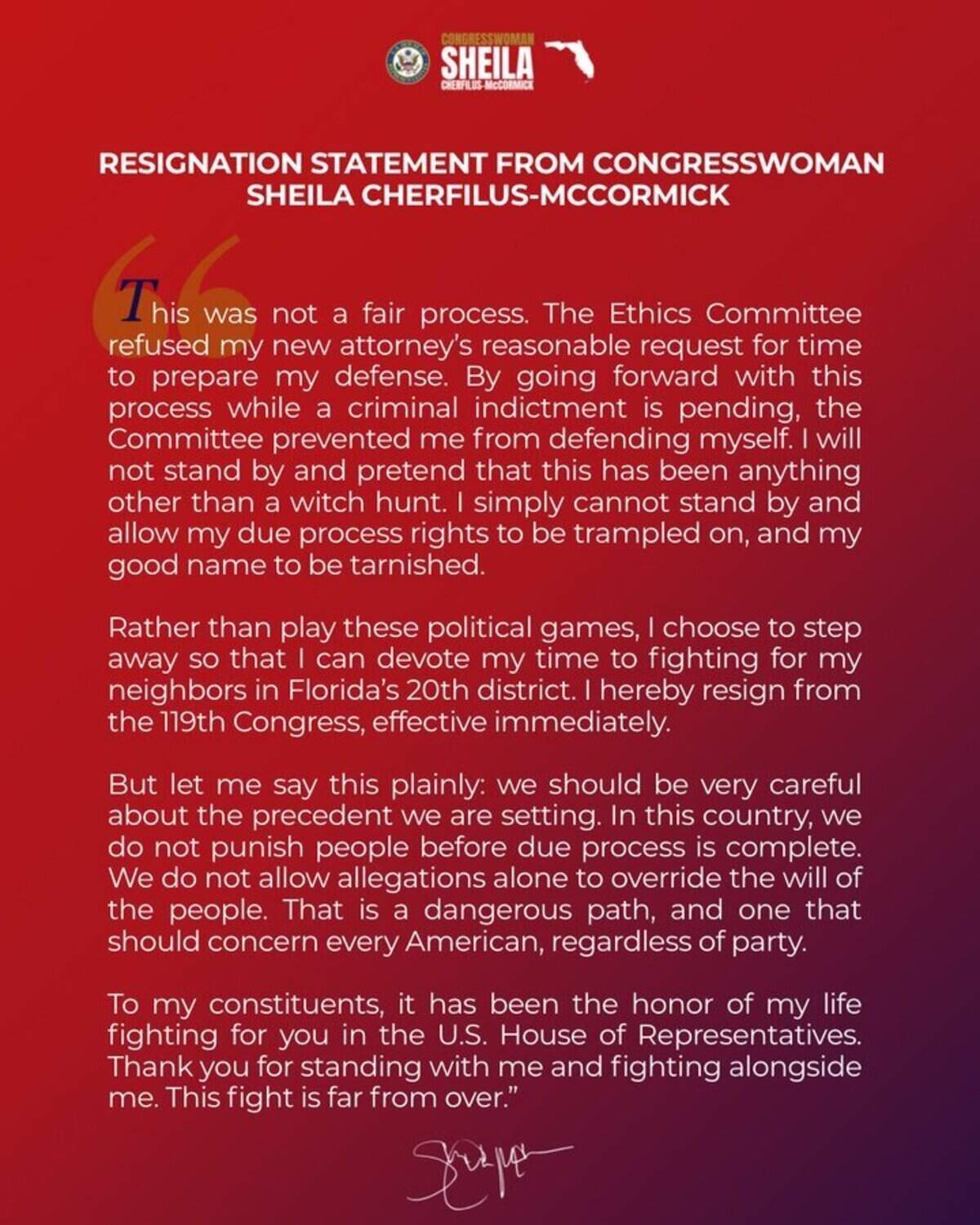 Here is the statement Sheila Cherfilus-McCormick posted on her social media accounts.