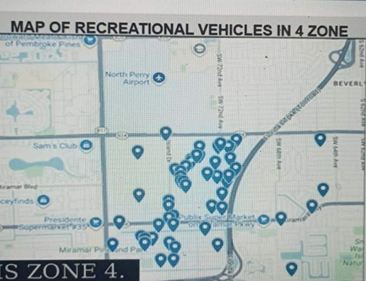 A map showing where RVs are parked in residential neighborhoods in Miramar.