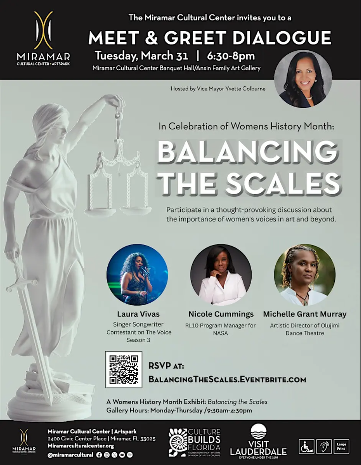 Miramar Vice Mayor Yvette Colbourne will host a dialogue on the “Balancing the Scales” exhibit on Tuesday, March 31, at the Ansin Family Art Gallery.