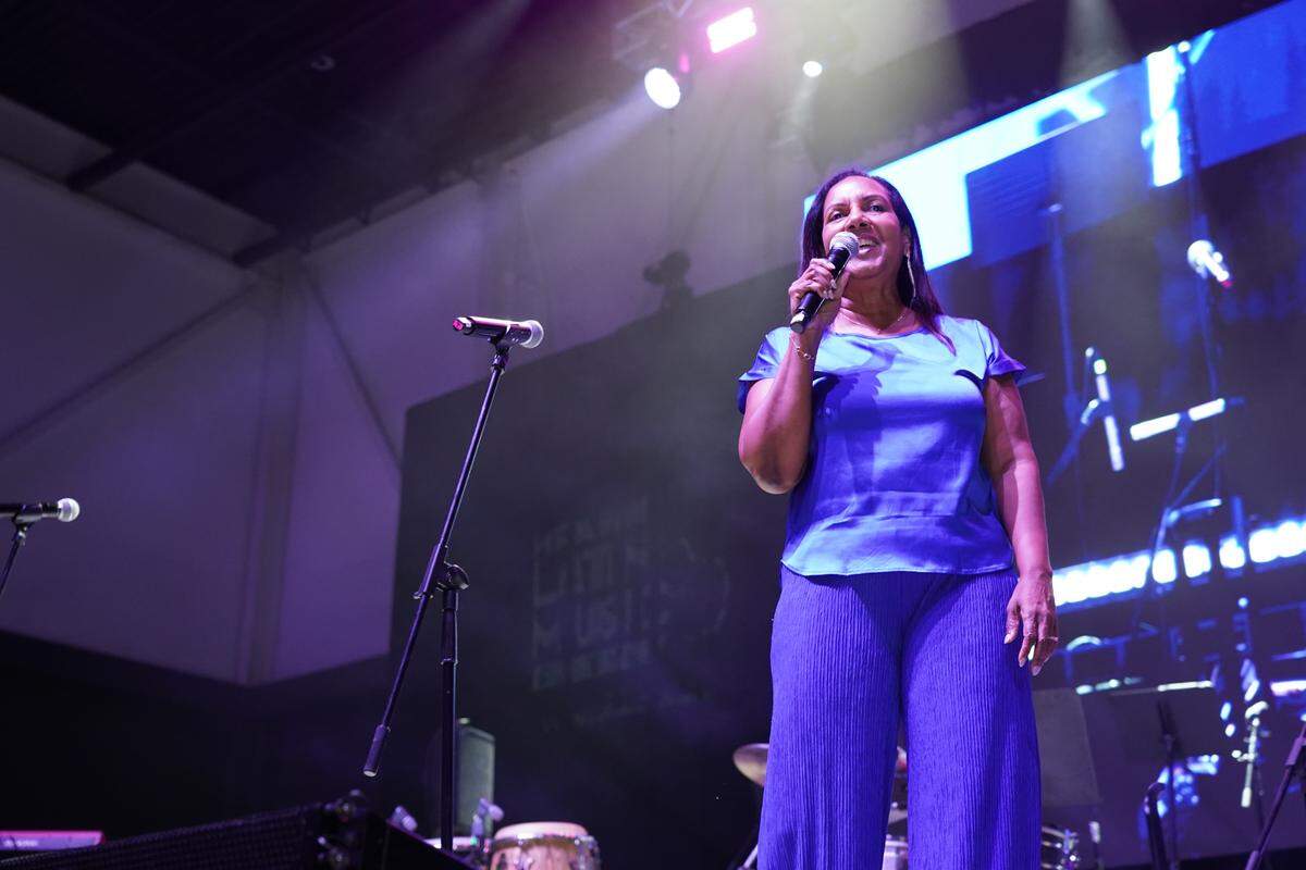 Miramar Vice Mayor Yvette Colbourne speaks to the crowd at the Regional Park Amphitheater during October’s Latin Music Festival.