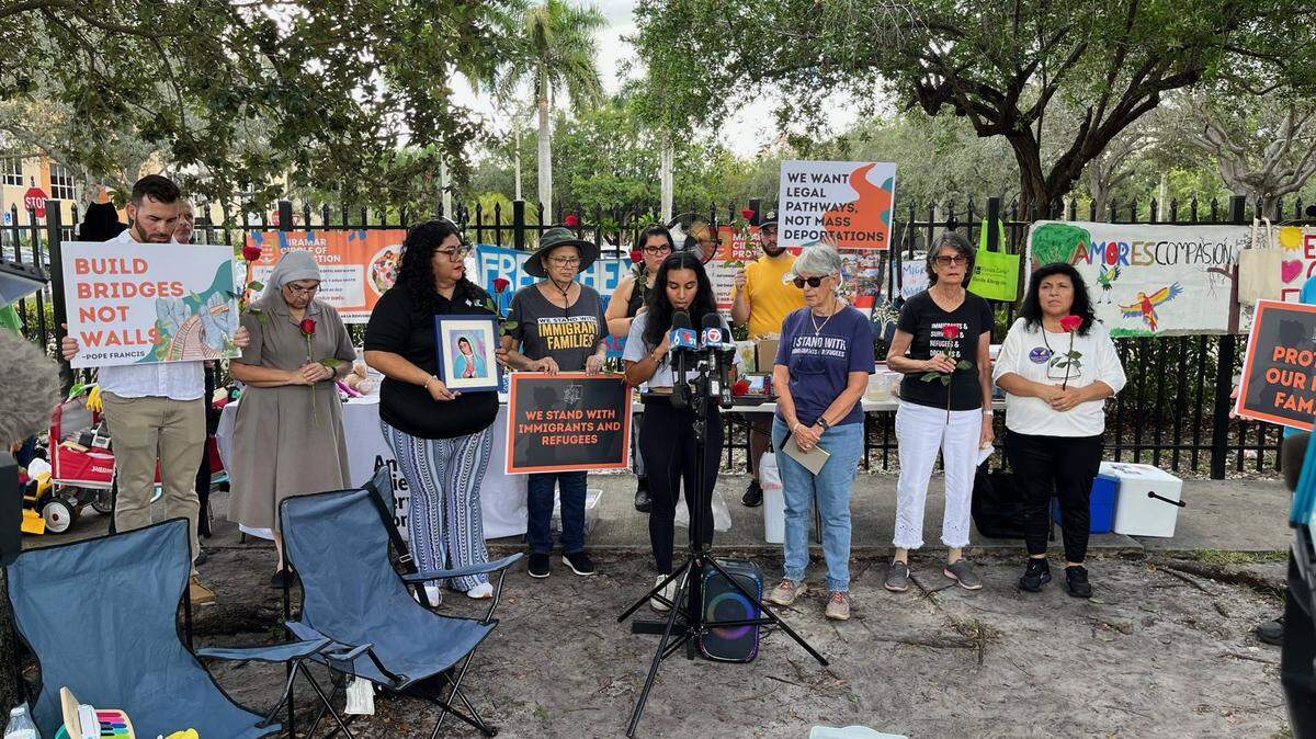 Gatherers join the American Friends Services Committee to speak to the media about the hardships that immigrants and their families are facing.