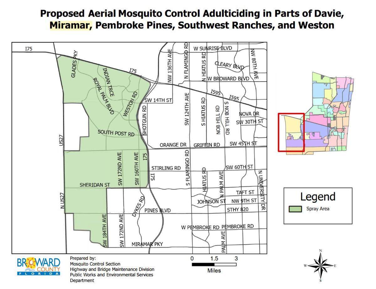 Residents in western Pembroke Pines may hear low-flying aircraft overhead as Broward County launches an aerial mosquito control operation targeting aggressive mosquitoes migrating from the Florida Everglades.