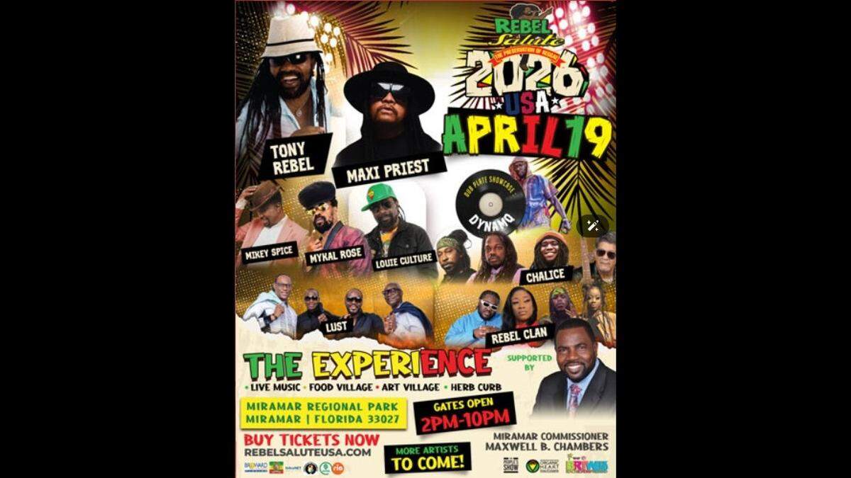 The Rebel Salute music festival is scheduled for 2 to 10 p.m. on Sunday, April 19, at Miramar Regional Park.