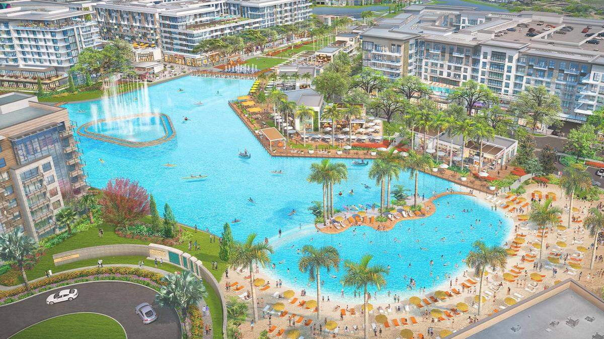 An artist’s illustration of Miramar Cove, a mixed-use development that calls for approximately 3,000 residences, dozens of restaurants, bars and shops, and a hotel centered around a waterfront area.