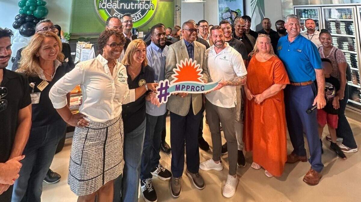 Several dignitaries attended the grand opening of Ideal Nutrition at Miramar Town Center, including, from left to right: Commissioner Avril Cherasard, State Rep. Robin Bartleman, Commissioner Maxwell Chambers and Vice Mayor Carson “Eddy” Edwards. Franchise owner Matthew Steinberg is in the white shirt, next to Edwards.