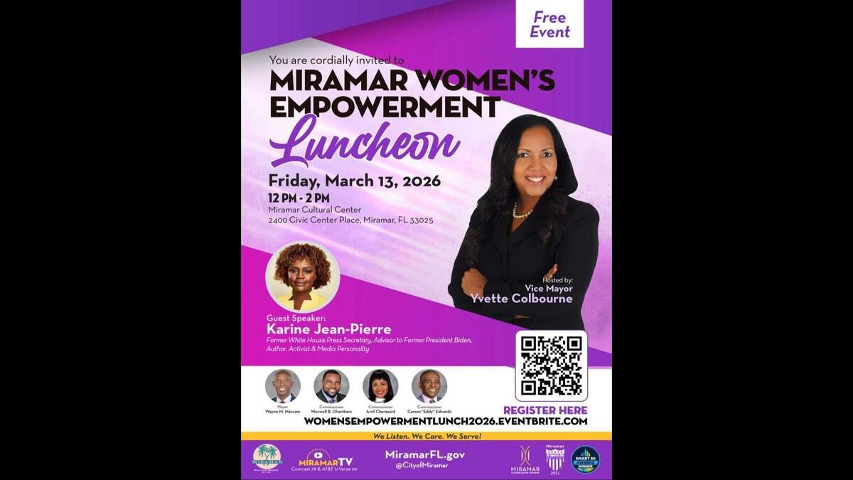 Former White House Press Secretary Karine Jean-Pierre is scheduled to speak at a women’s lunch in Miramar. The event is being hosted by Vice Mayor Yvette Colbourne.