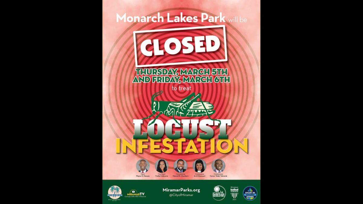 The City of Miramar has told residents to avoid Monarch Lakes Park because of a locust infestation.