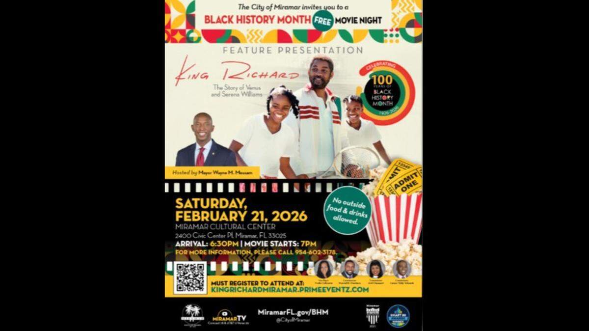 The Miramar Cultural Center will host a Black History Month screening of the movie “King Richard” on Saturday, Feb. 21.