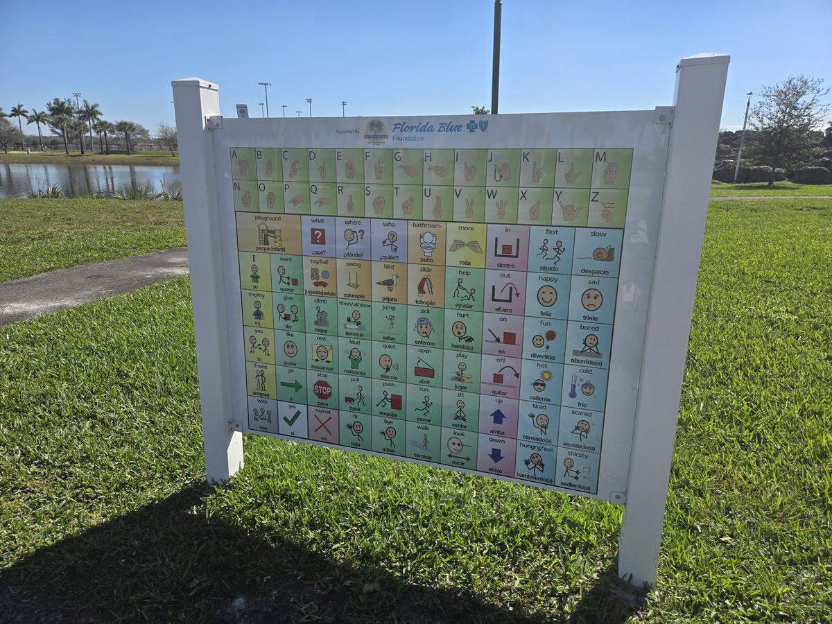 Communication boards help children at playgrounds with speech limitations communicate with others through visual aids.