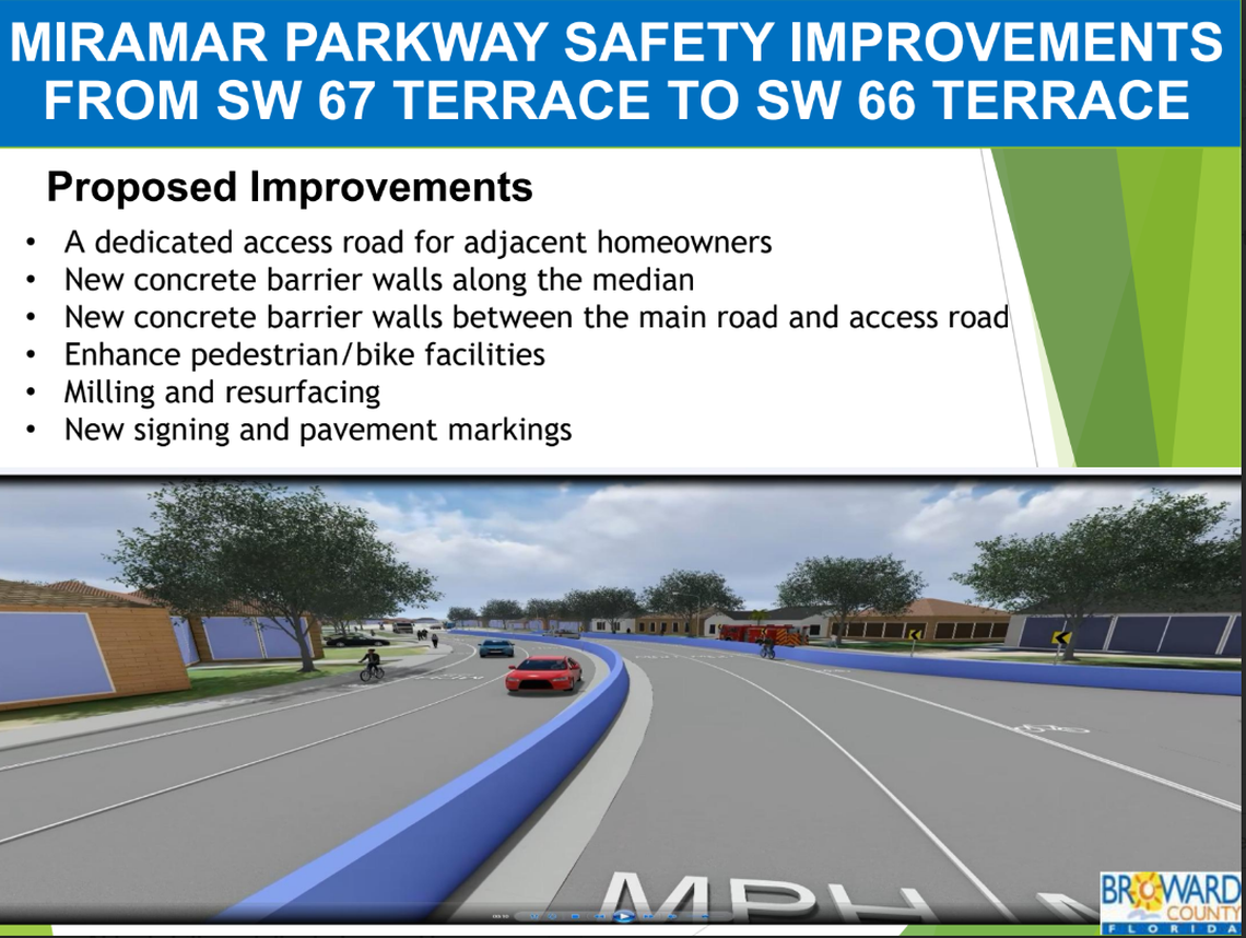 The county’s presentation shows a concrete barrier dividing the east and westbound sides of Miramar Parkway.
